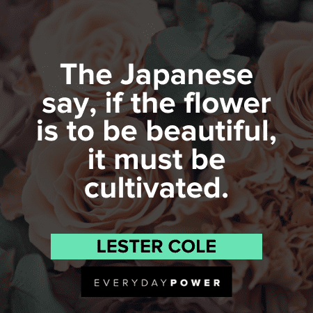 “The Japanese say, if the flower is to be beautiful, it must be cultivated.” — Lester Cole Flower Quotes and sayings