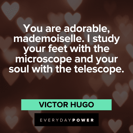 “You are adorable, mademoiselle. I study your feet with the microscope and your soul with the telescope.” - Victor Hugo Romantic Freaky Quotes