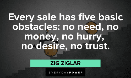 "Every sale has five basic obstacles: no need, no money, no hurry, no desire, no trust." - Zig Ziglar Business Motivational Quotes and sayings