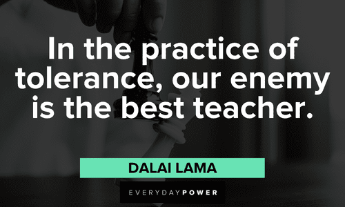 “In the practice of tolerance, our enemy is the best teacher.” ― Dalai Lama Dalai Lama Quotes about tolerance