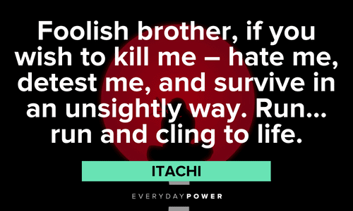 "Foolish brother, if you wish to kill me - hate me, detest me, and survive in an unsightly way. Run... run and cling to life." - Itachi funny Itachi Quotes