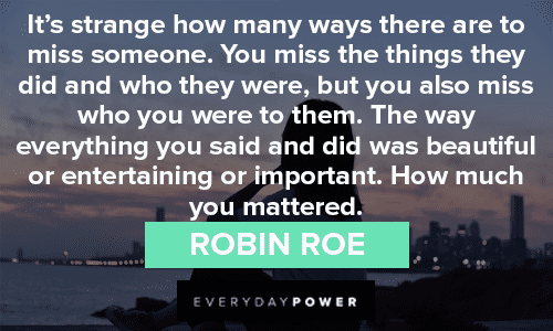 “It’s strange how many ways there are to miss someone. You miss the things they did and who they were, but you also miss who you were to them. The way everything you said and did was beautiful or entertaining or important. How much you mattered.” – Robin Roe long missing someone quotes