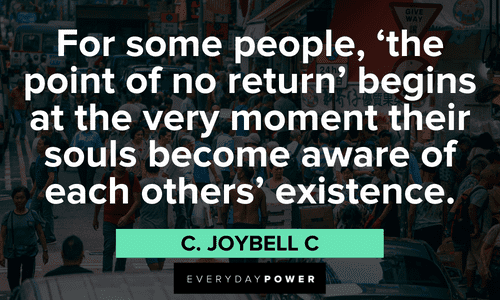 “For some people, ‘the point of no return’ begins at the very moment their souls become aware of each others’ existence.” – C. JoyBell C twin flame quotes and sayings about destiny