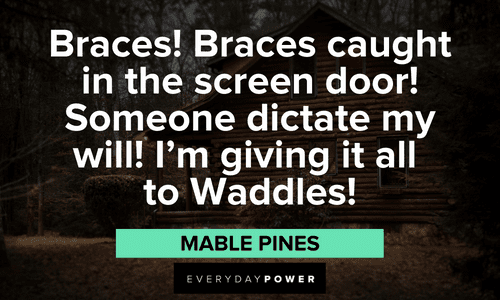 “Braces! Braces caught in the screen door! Someone dictate my will! I'm giving it all to Waddles!” — Mable Pines Gravity Falls quotes about braces
