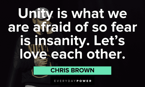 "Unity is what we are afraid of so fear is insanity. Let’s love each other." - Chris Brown Chris Brown Quotes about unity