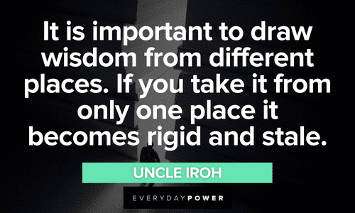 “It is important to draw wisdom from different places. If you take it from only one place it becomes rigid and stale.” - Uncle Iroh Uncle Iroh quotes about wisdom